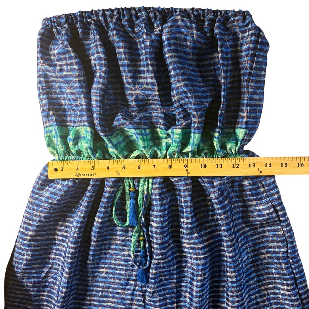 ETC Strapless Paisley Jumpsuit One Size Blue Aqua Wide Leg Tassel Waist - Picture 7 of 11